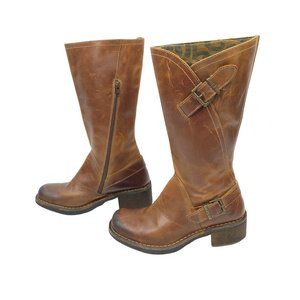 Fly London Moto Boots Brown Leather Women Size 40 US 9-9.5 Zipper Buckles Heels